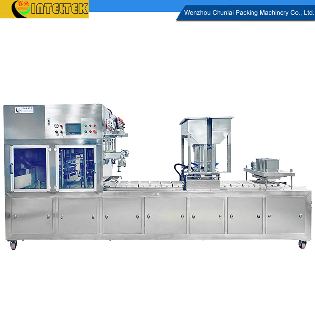 Linear Type Soft Tofu Container Continuous Motion Filling Sealing Machine 